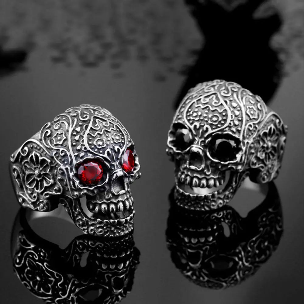 Carved Skull With Gemstone Eyes Ring VRAFI