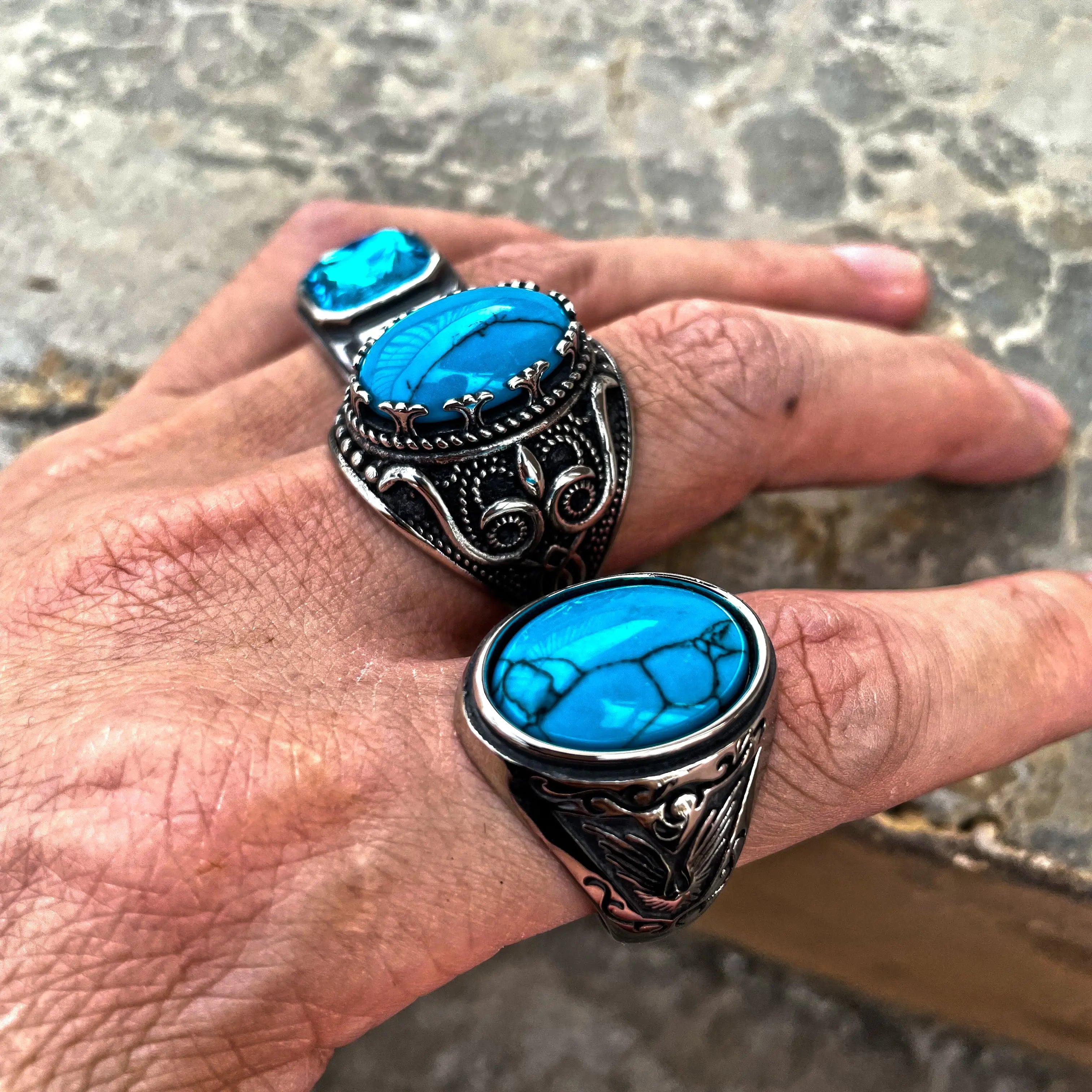 Carved Turquoise-Obsidian Stainless Steel Ring VRAFI