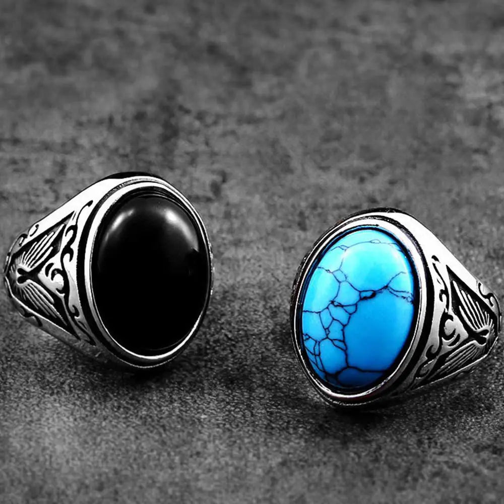 Carved Turquoise-Obsidian Stainless Steel Ring VRAFI