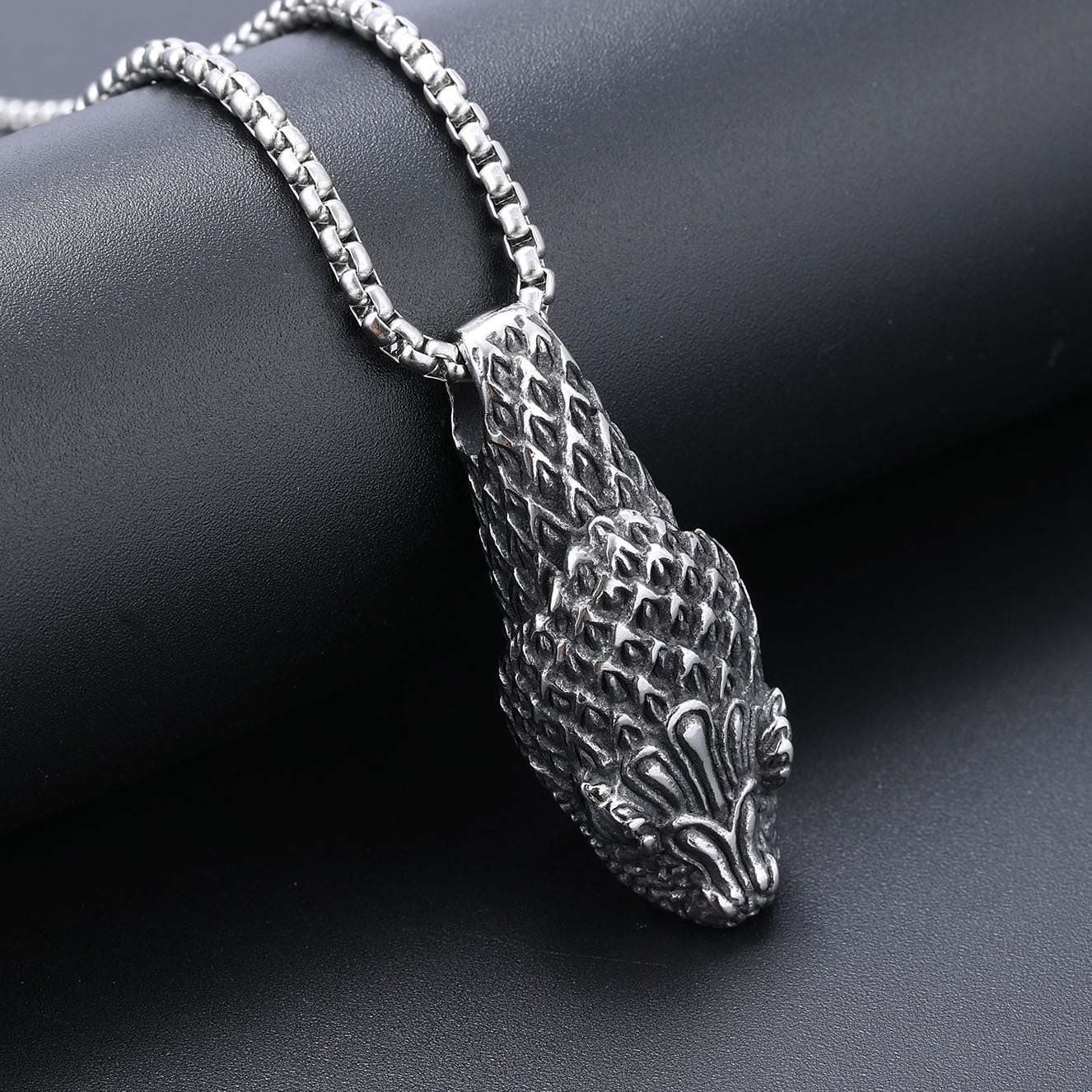 Carved Snake Head Men's Pendant Necklace