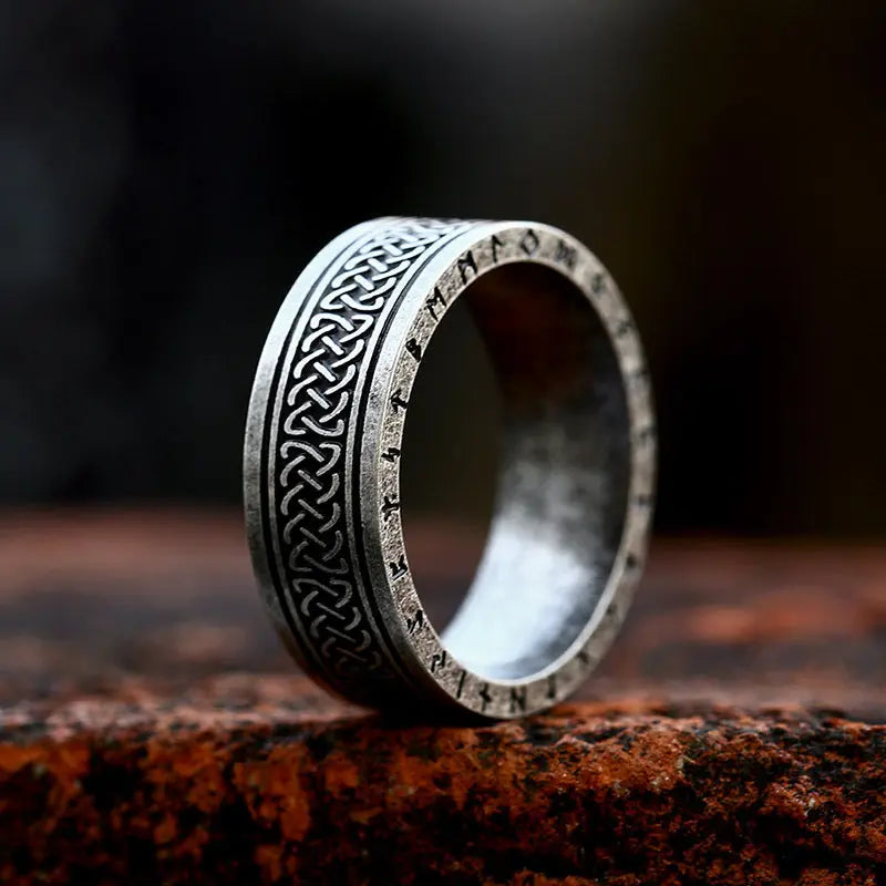 Celtic Knot With Runes Engraved Stainless Steel Ring VRAFI