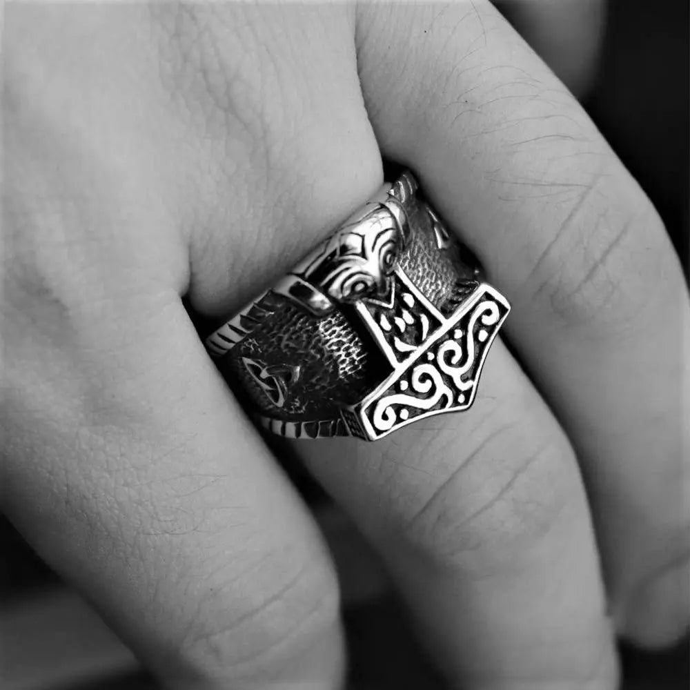 Celtics Knot Runes Mjolnir Thor Hammer Ring - Vrafi Jewelry