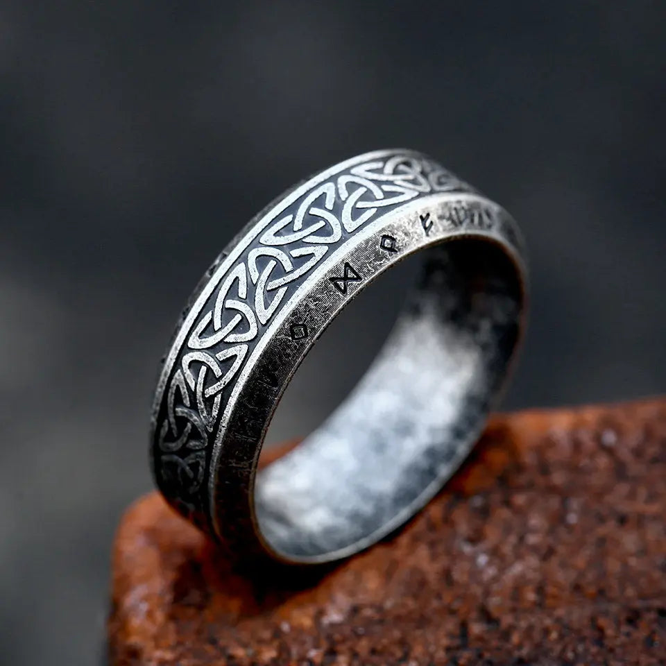 Classic Celtic Knot With Runes Engraved  Stainless Steel Ring VRAFI