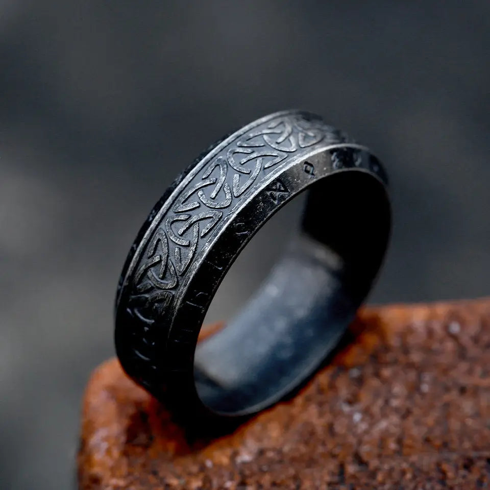 Classic Celtic Knot With Runes Engraved  Stainless Steel Ring VRAFI