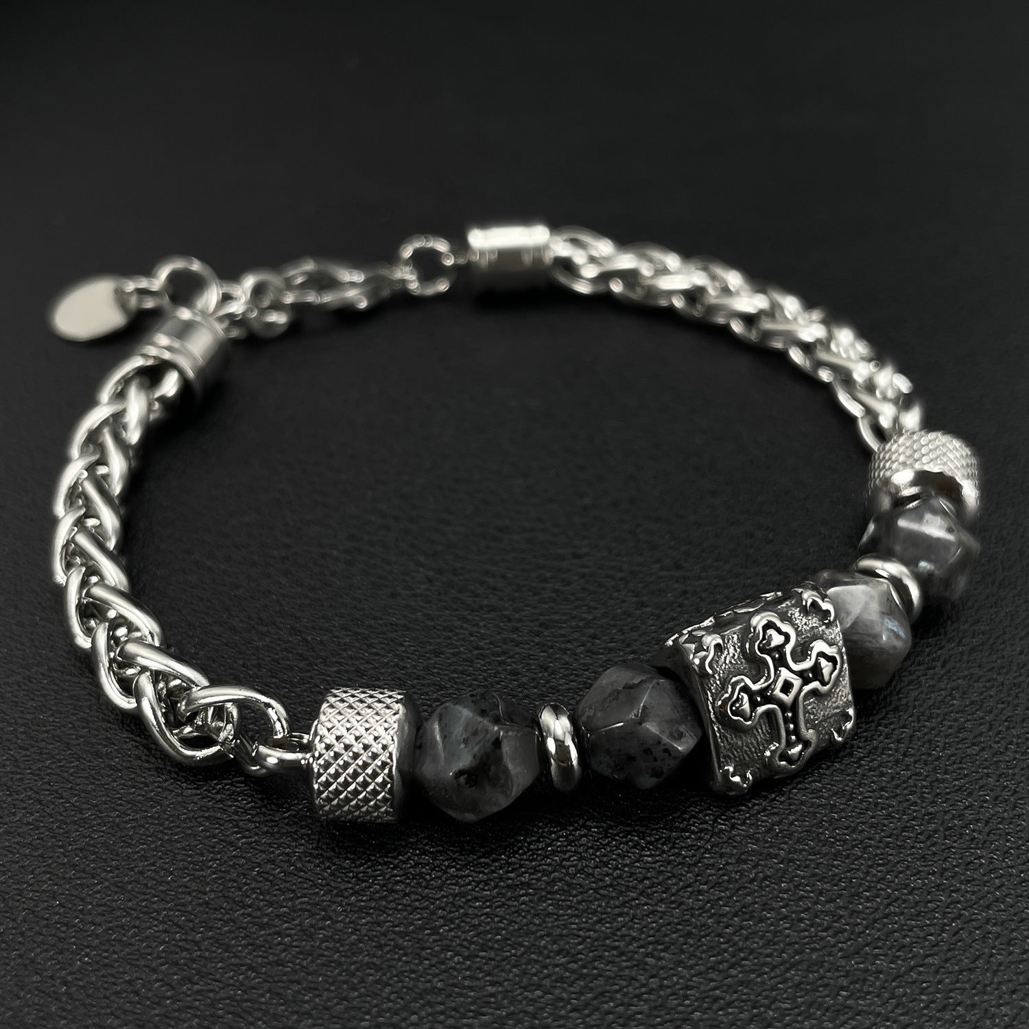 Cross-Pattern Obsidian Beaded Chain Bracelet