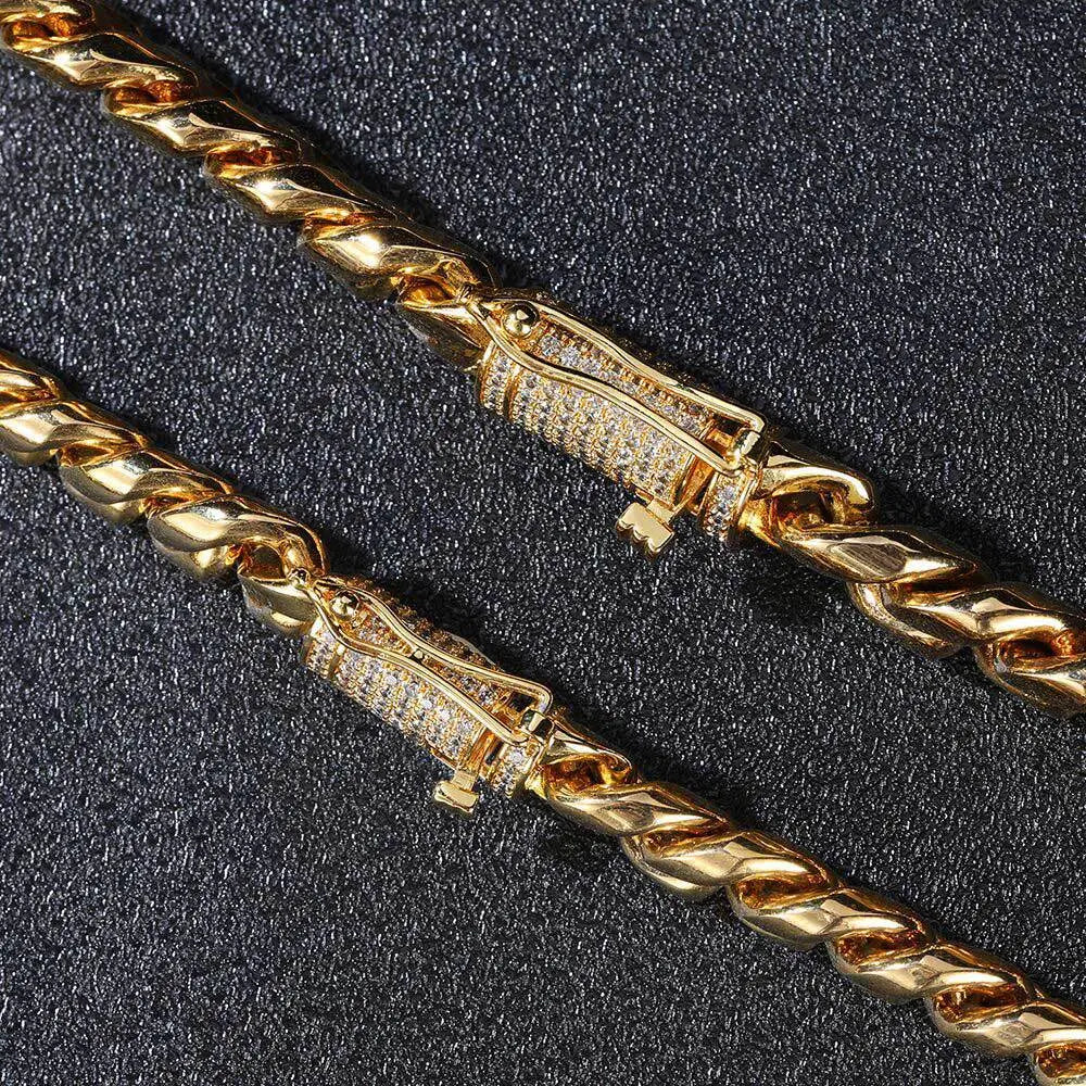 Cylindrical Stone Inlaid Open-Box Clasp Cuban Chain-Gold VRAFI