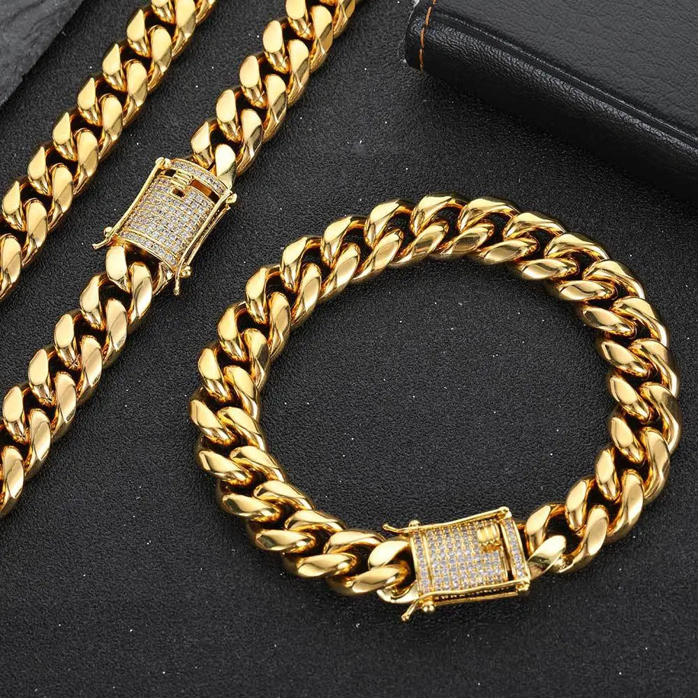 Cylindrical Stone Inlaid Open-Box Clasp Cuban Chain-Gold VRAFI