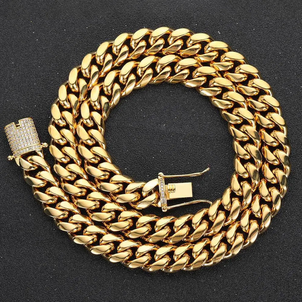 Cylindrical Stone Inlaid Open-Box Clasp Cuban Chain-Gold VRAFI