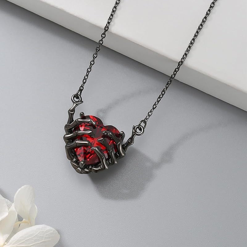 Dark Red Heart Gemstone Skull Claw Pendant