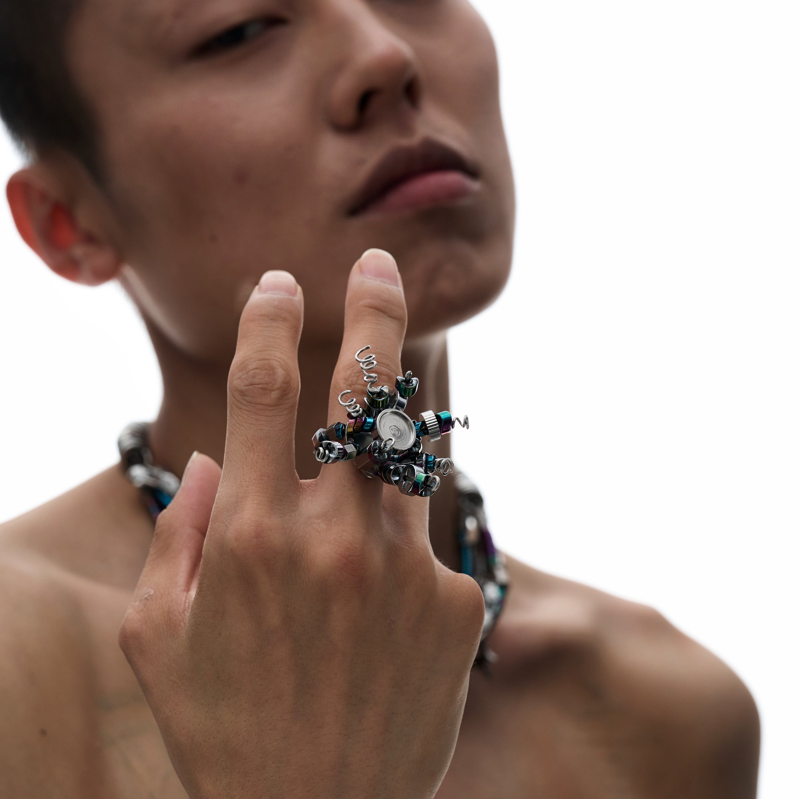 Disco Natural Hematite Spring Open Ring