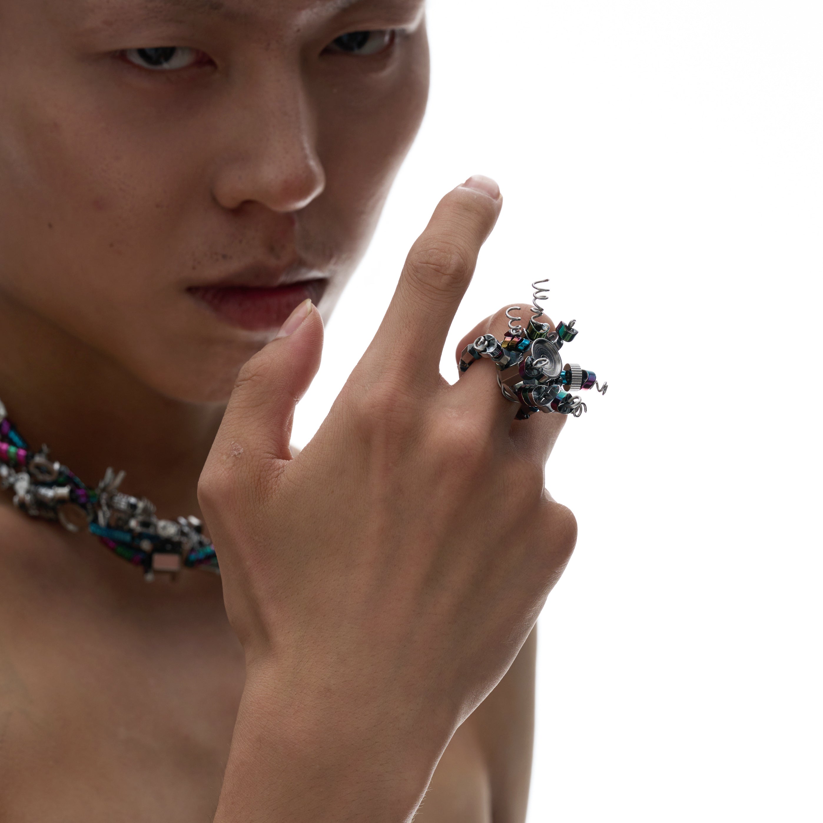 Disco Natural Hematite Spring Open Ring
