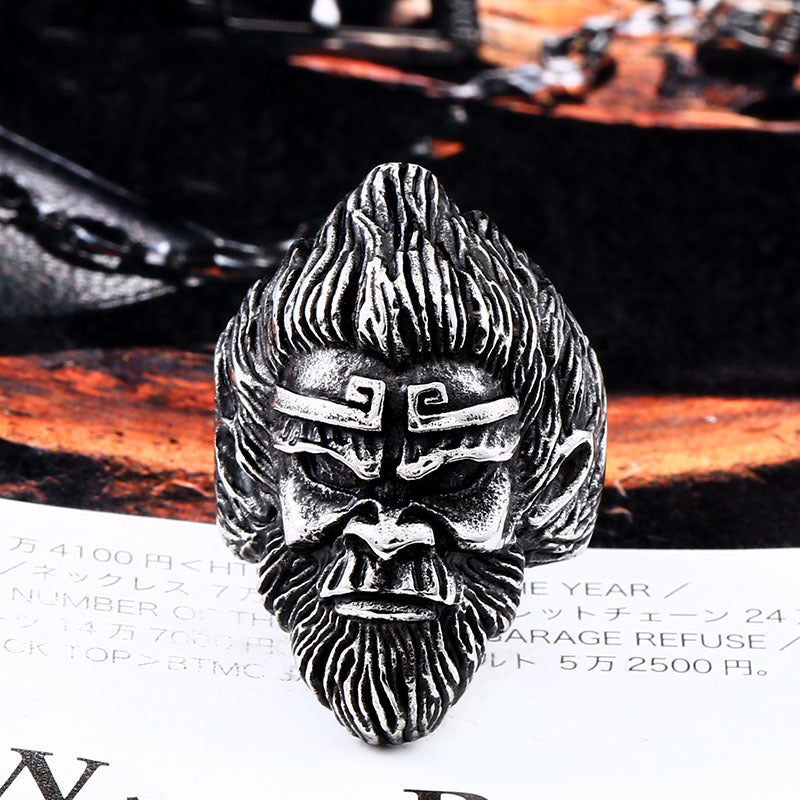 Distressed Stainless Steel Sun Wukong Monkey Head Ring