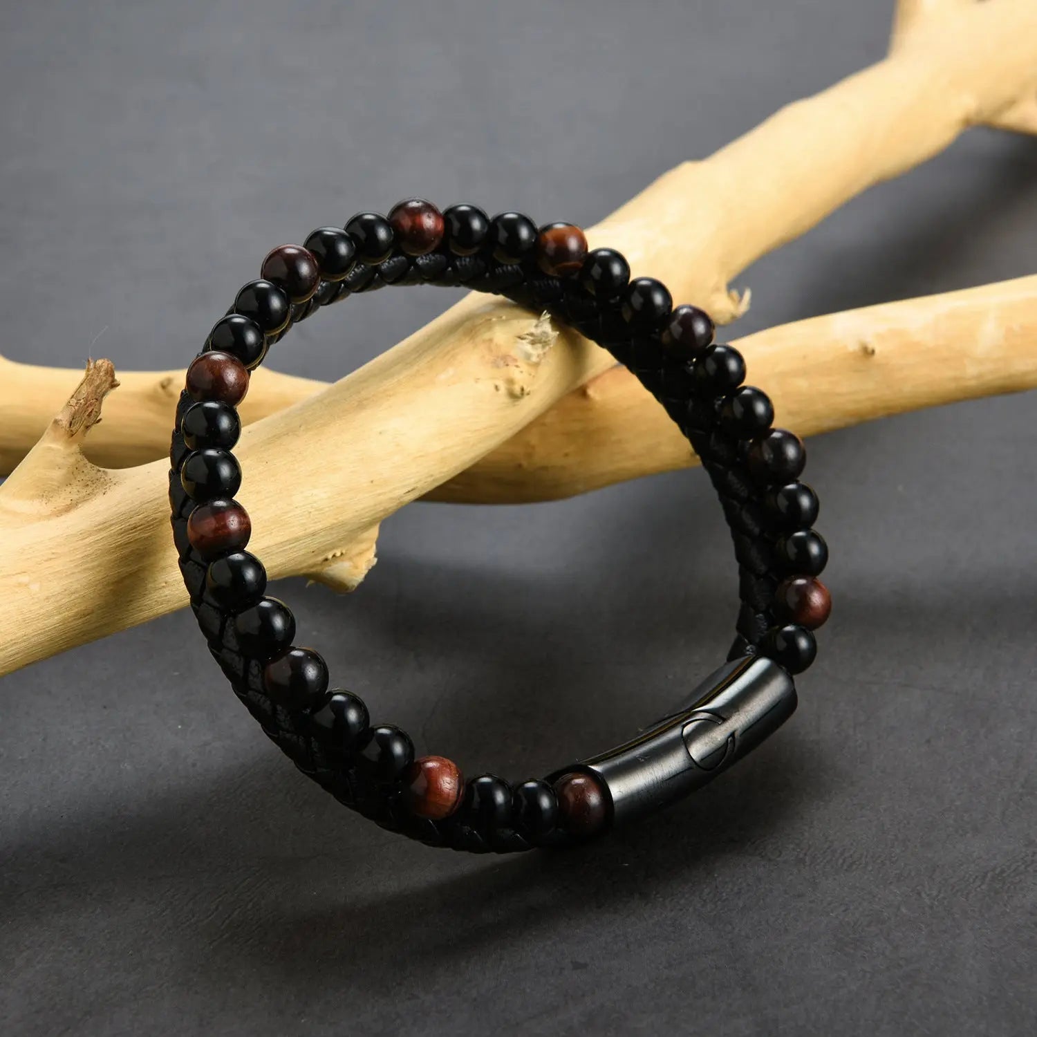 Double Layer Tiger Eye Beads Leather Bracelet VRAFI