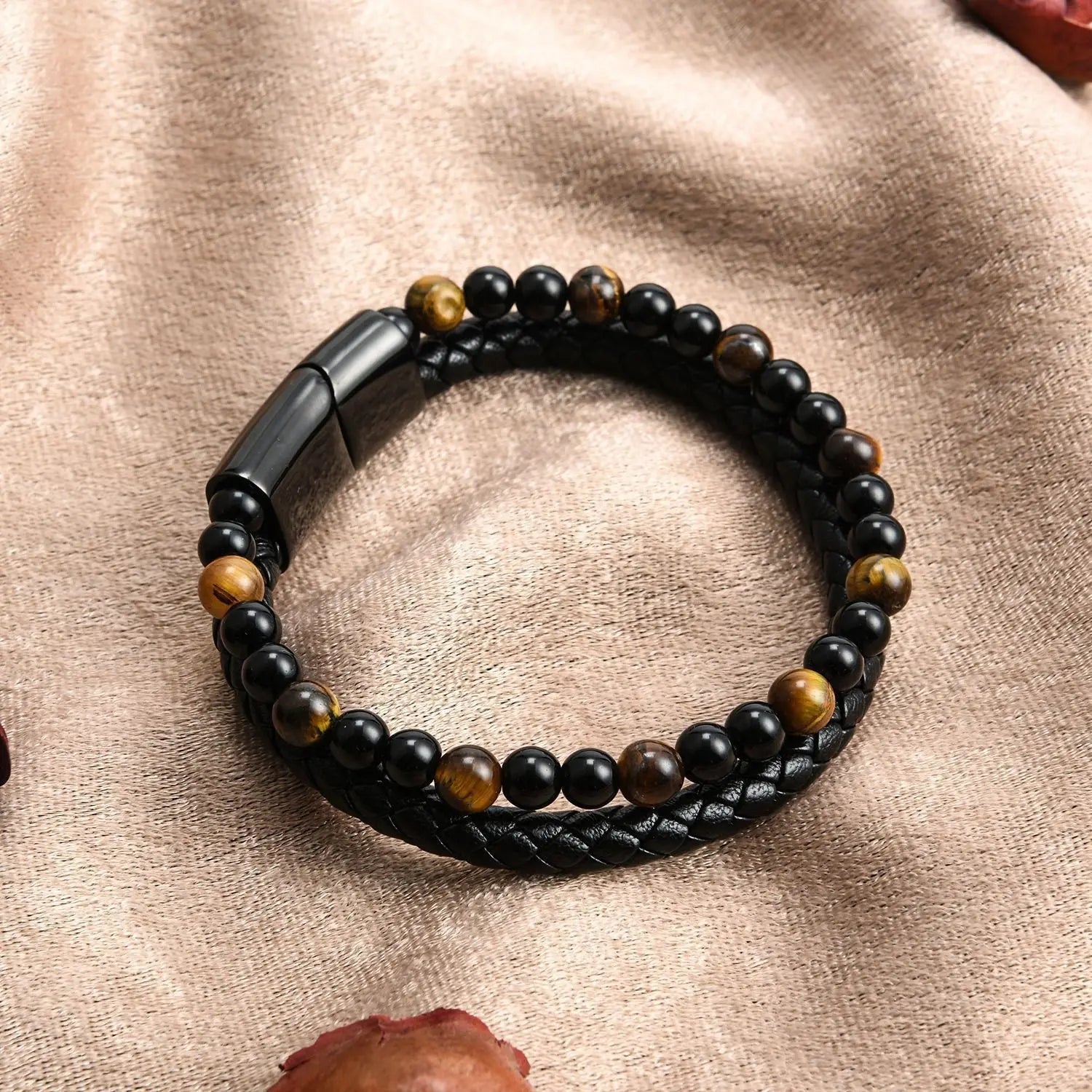 Double Layer Tiger Eye Beads Leather Bracelet VRAFI