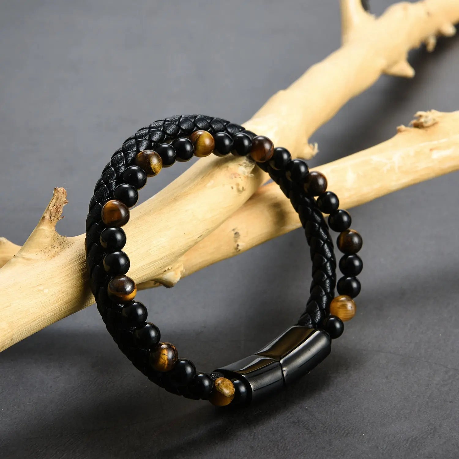 Double Layer Tiger Eye Beads Leather Bracelet VRAFI