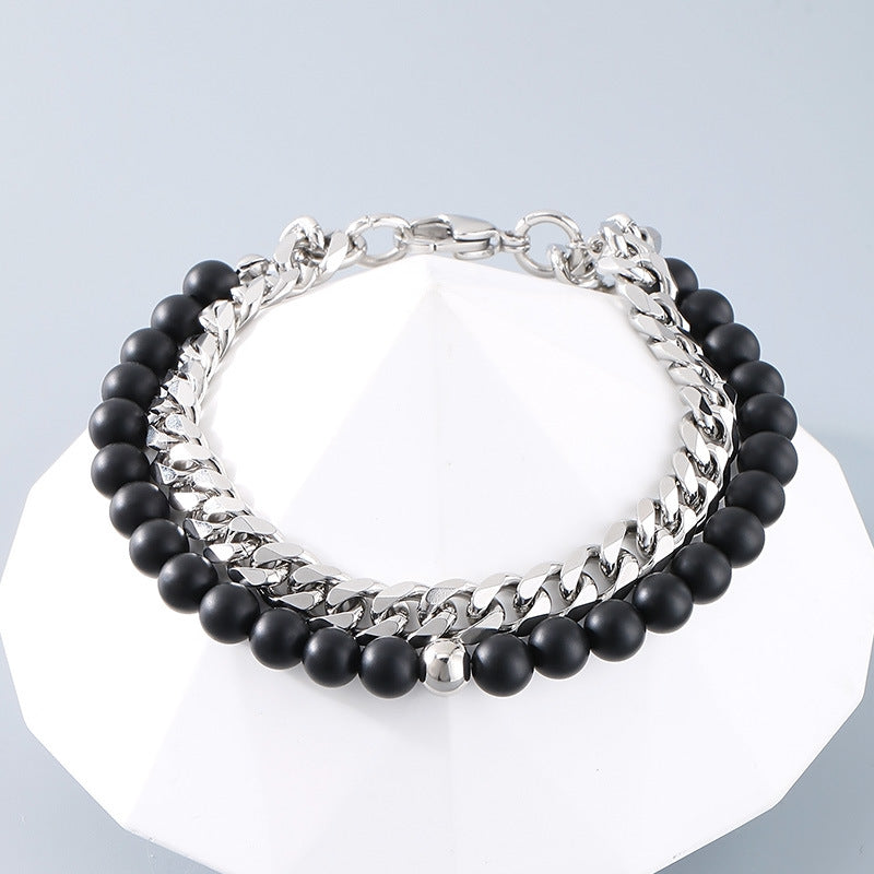 Double Layer Black Onyx Beaded Cuban Chain Bracelet