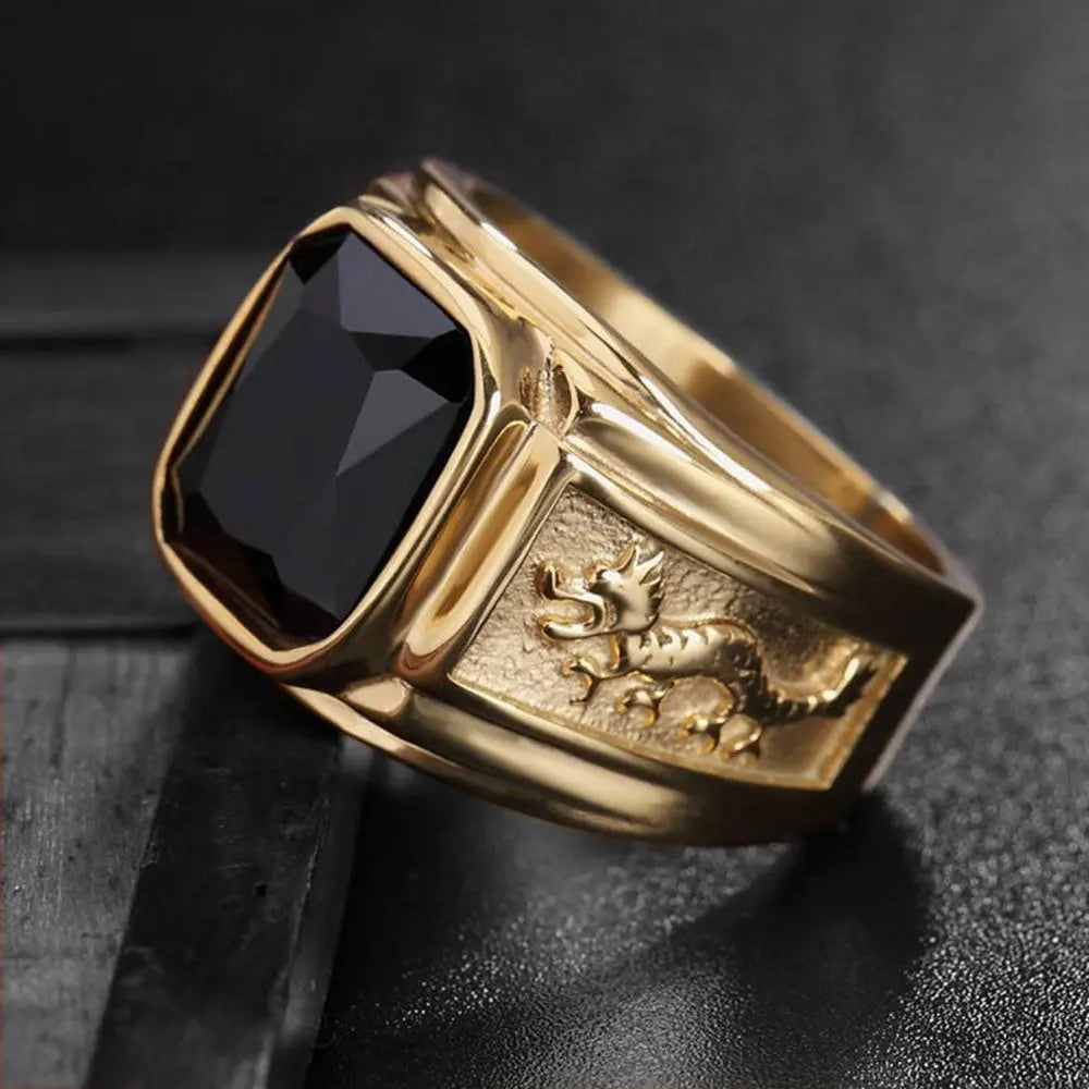 Dual Eastern Dragon Golden Band Gemstone Ring - Vrafi Jewelry