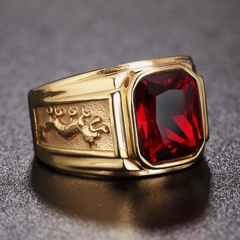 Dual Eastern Dragon Golden Band Gemstone Ring - Vrafi Jewelry