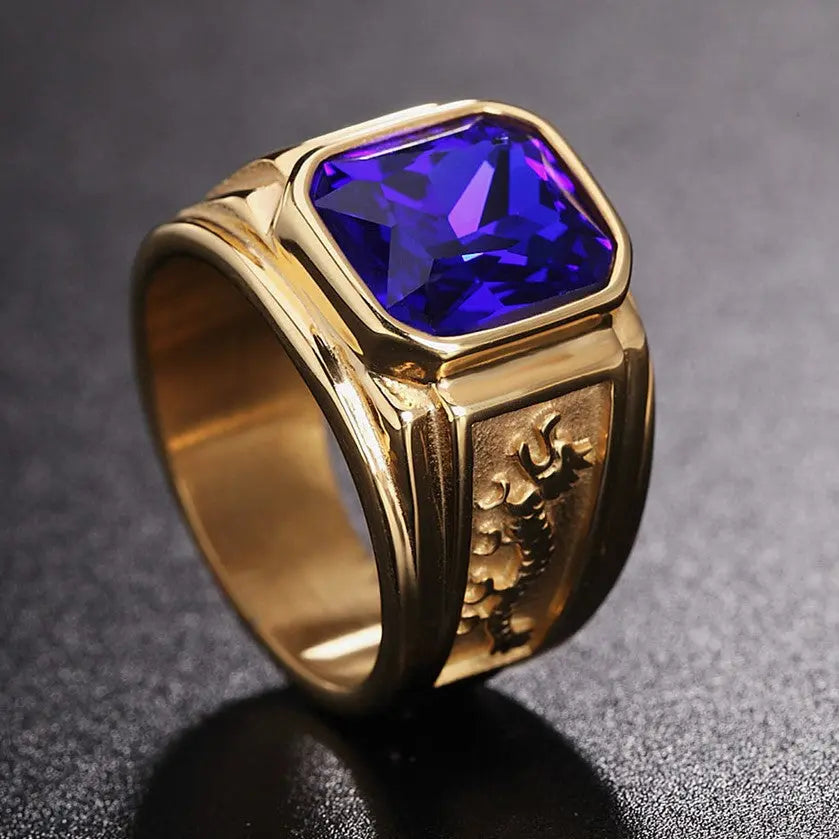 Dual Eastern Dragon Golden Band Gemstone Ring - Vrafi Jewelry