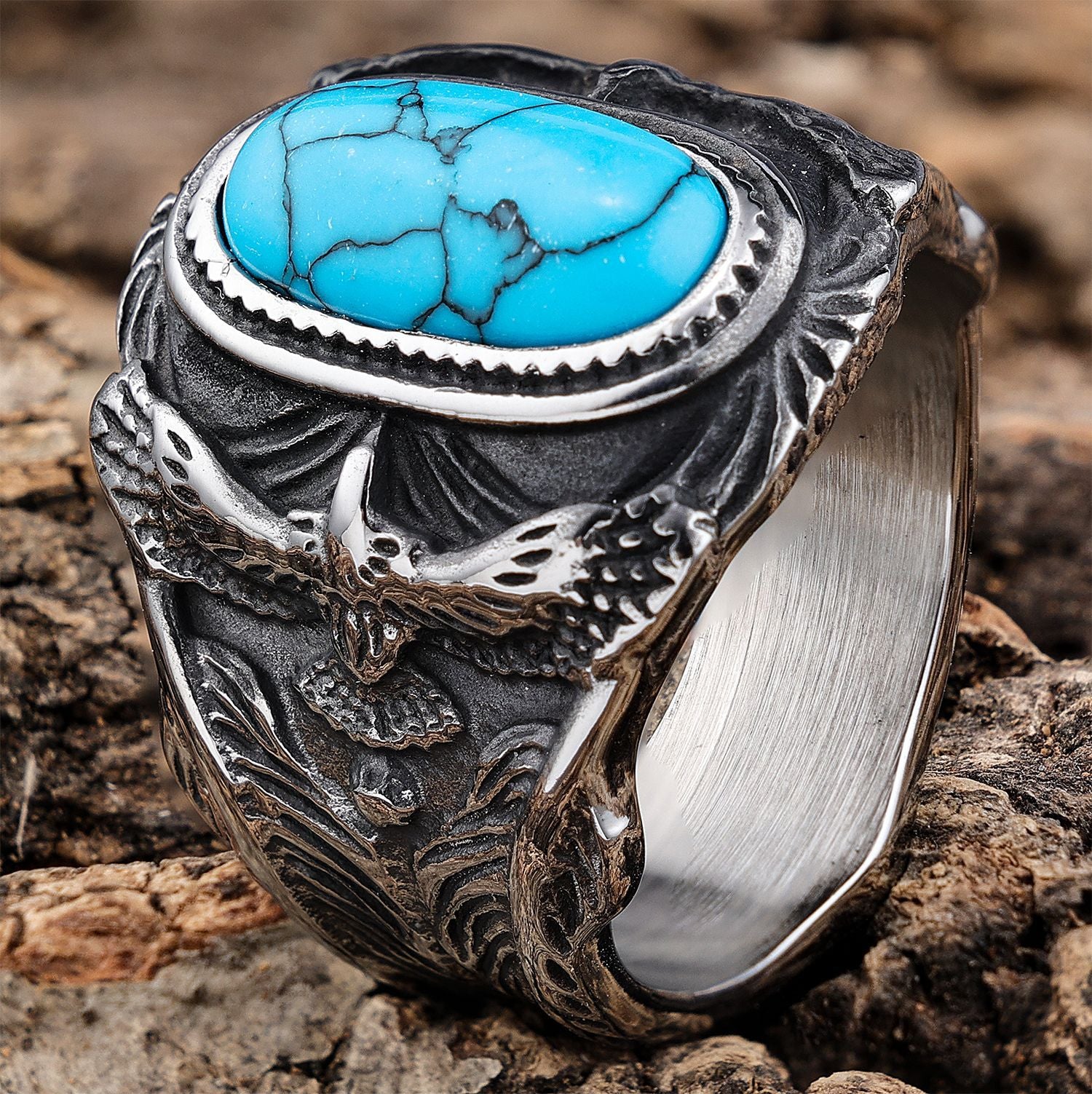 Eagle Turquoise Stainless Steel Ring-Vrafi Jewelry