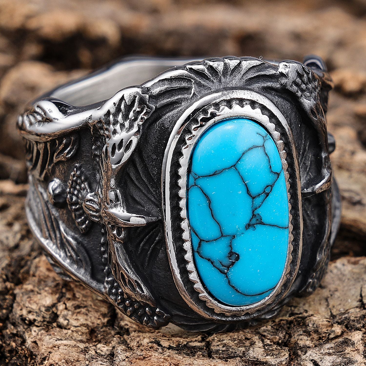 Eagle Turquoise Stainless Steel Ring-Vrafi Jewelry