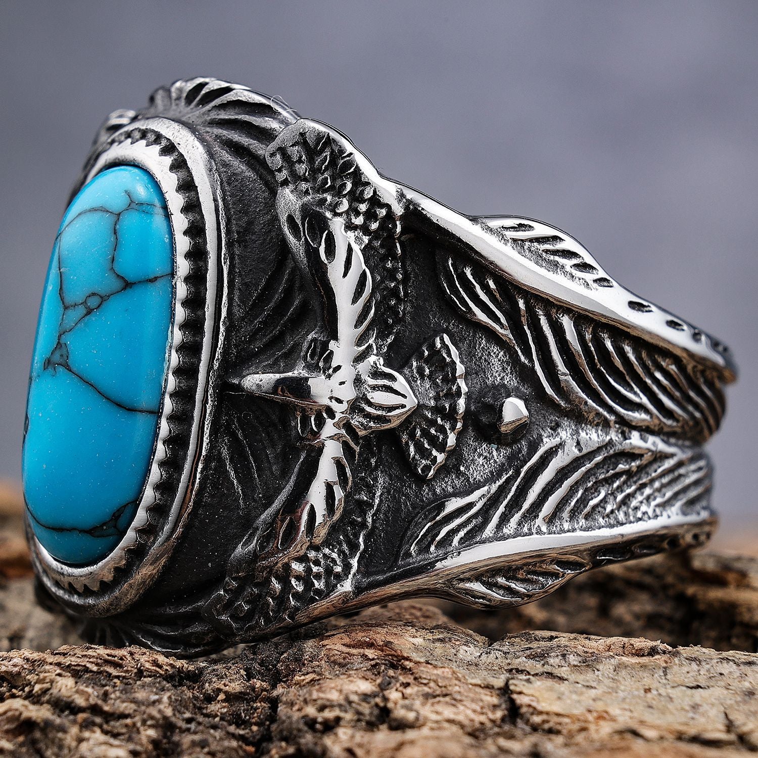 Eagle Turquoise Stainless Steel Ring-Vrafi Jewelry