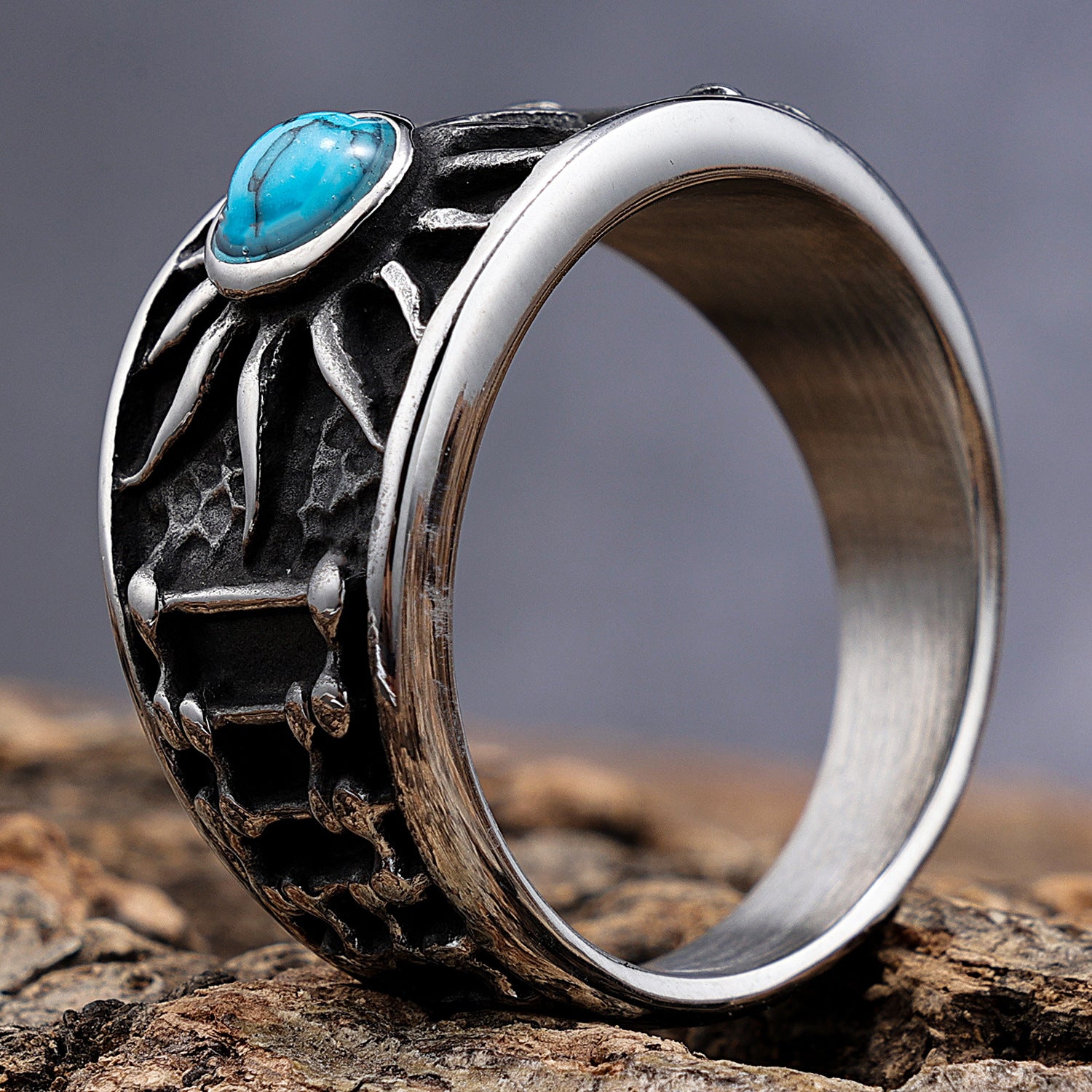 Edgy Turquoise Sun Stainless Steel Ring