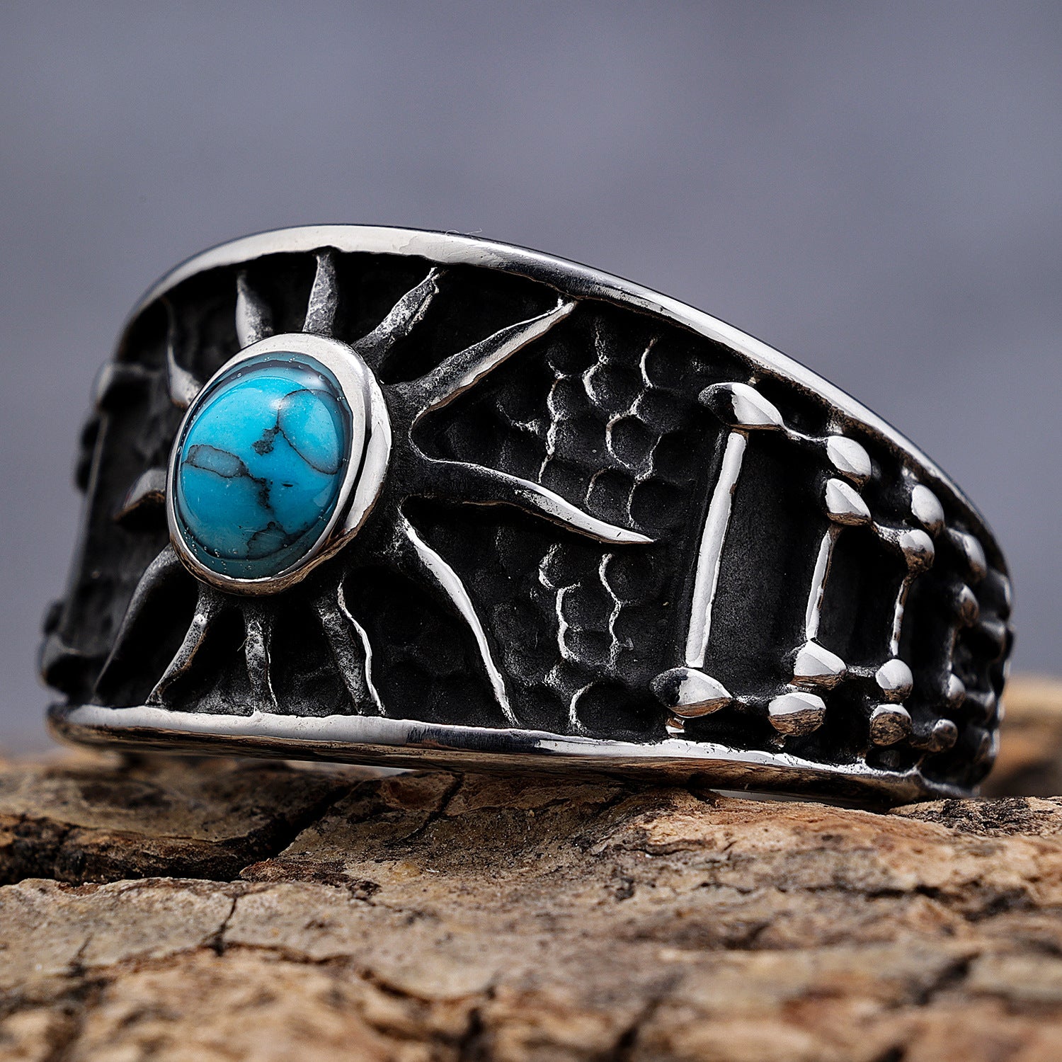 Edgy Turquoise Sun Stainless Steel Ring