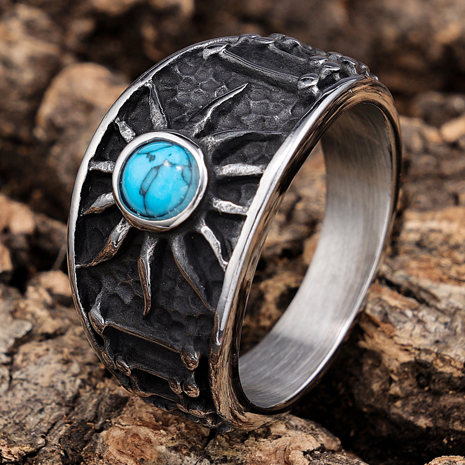 Edgy Turquoise Sun Stainless Steel Ring