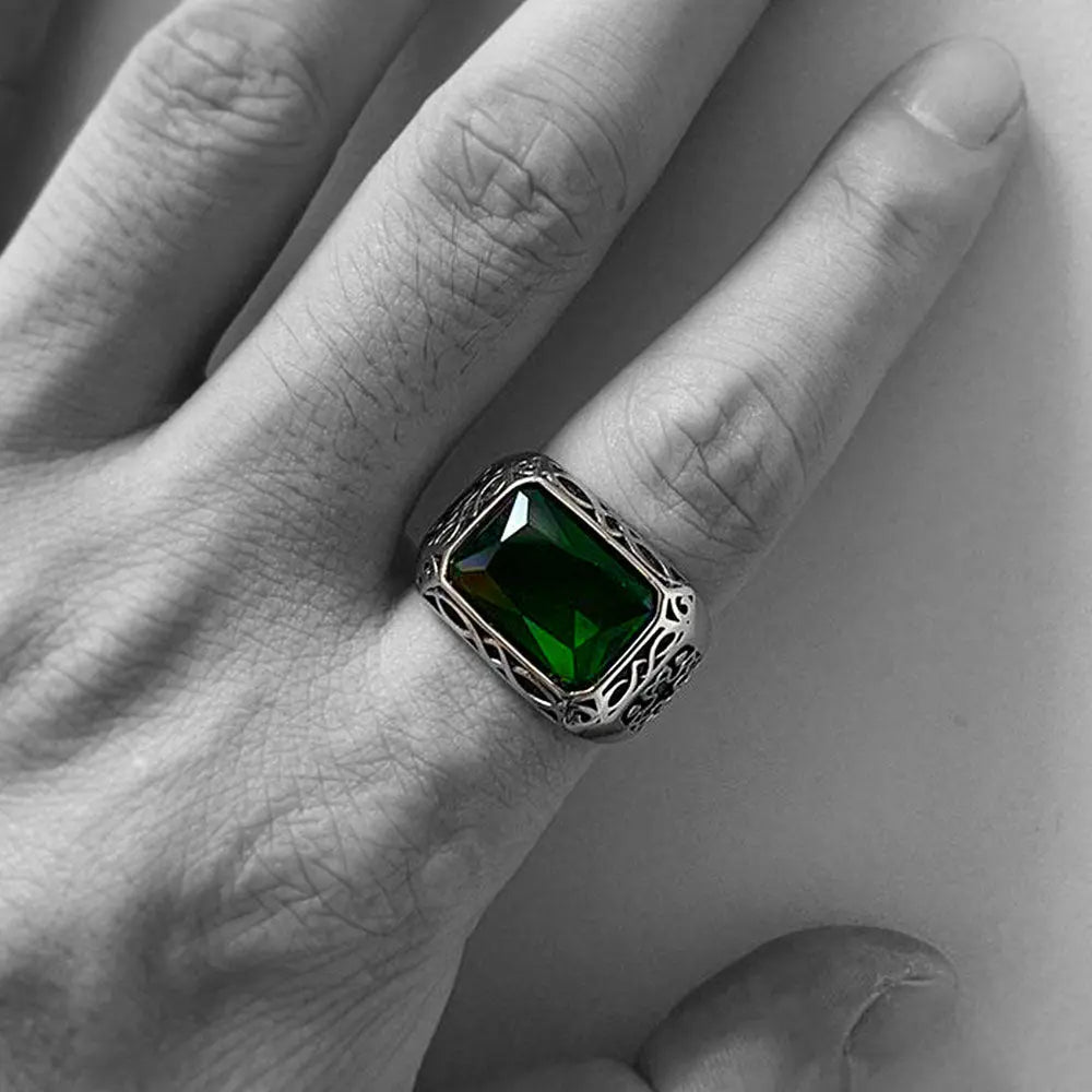 Emerald Inlaid Stainless Steel Ring - Vrafi Jewelry