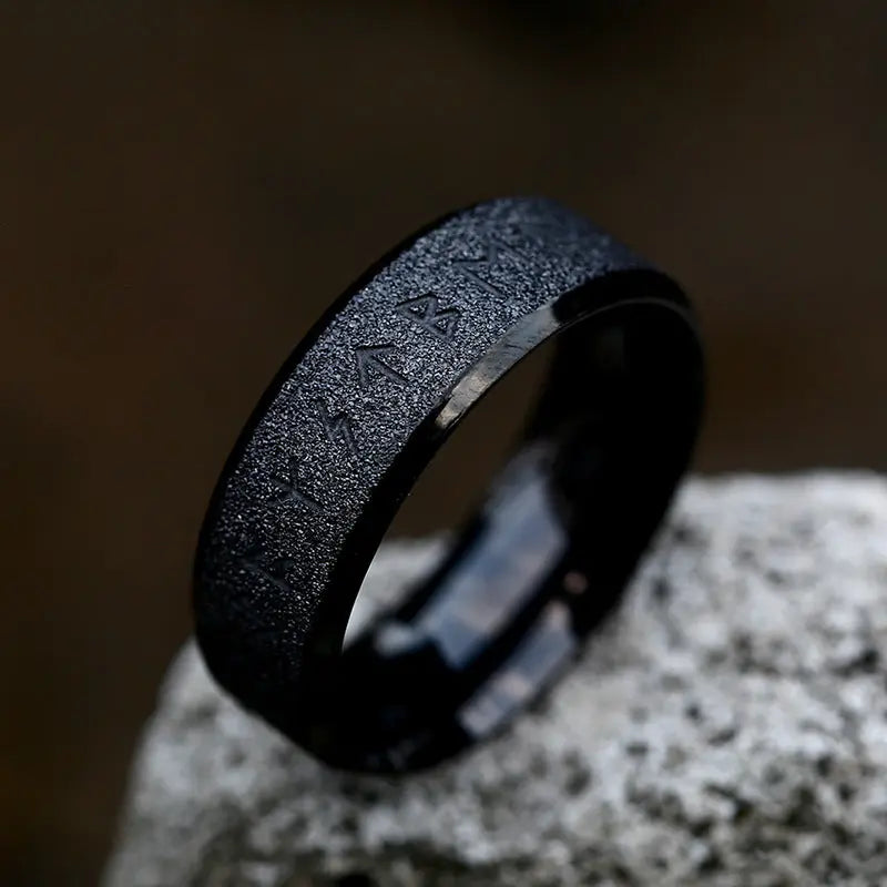 Frosted Engraved Rune Stainless Steel Ring VRAFI