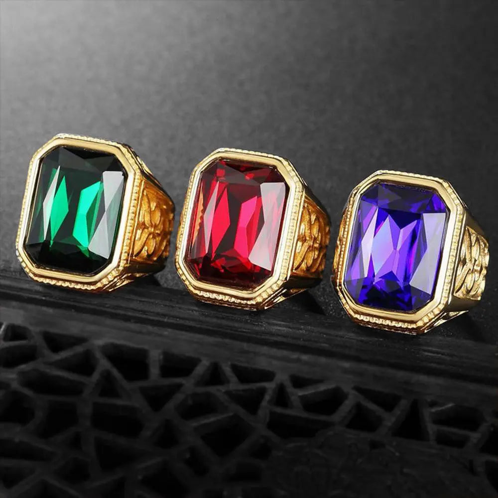 Gemstone Embed Golden Stainless Steel Ring VRAFI