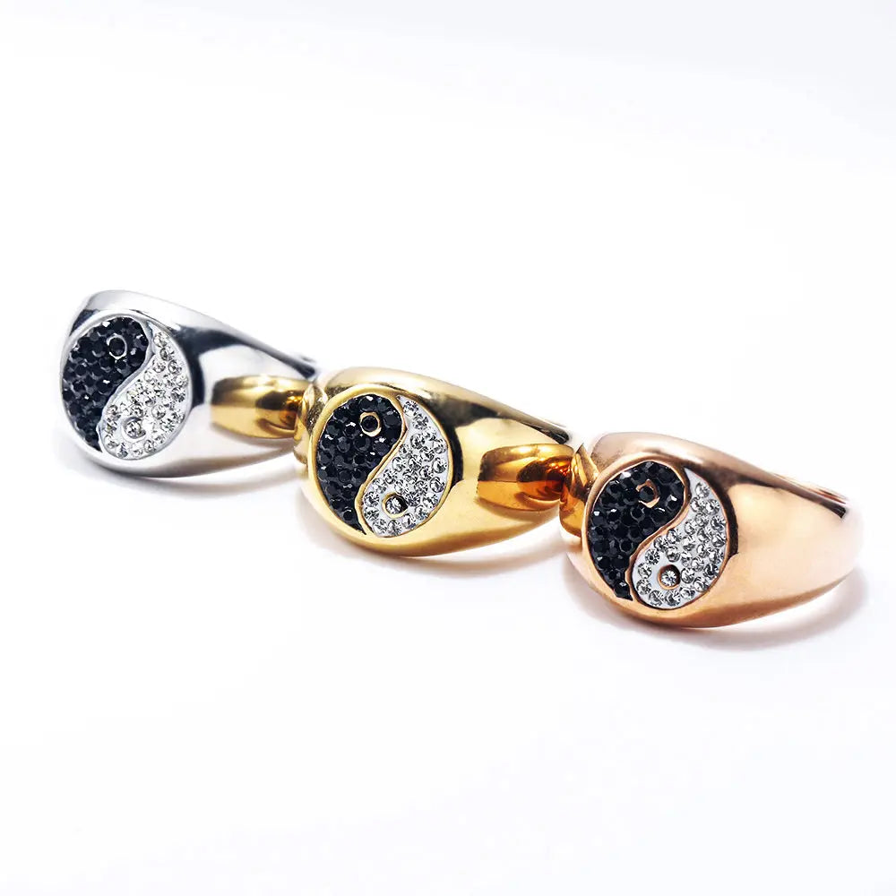 Gemstone Embed YinYang Stainless Steel Ring - Vrafi Jewelry