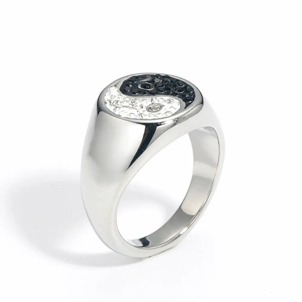 Gemstone Embed YinYang Stainless Steel Ring - Vrafi Jewelry