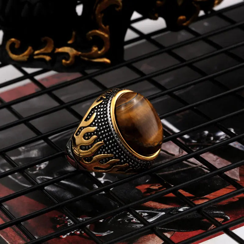 Gemstone Inlaid Flame Stainless Steel Ring - Vrafi Jewelry