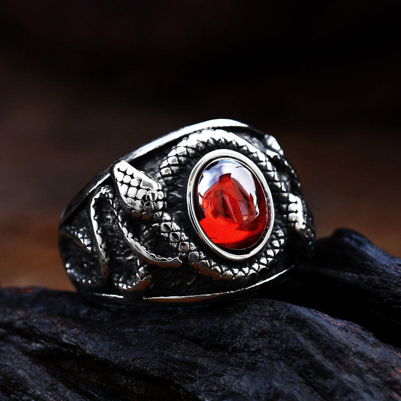 Gemstone-Inlaid Dual-Headed Snake Stainless Steel Ring