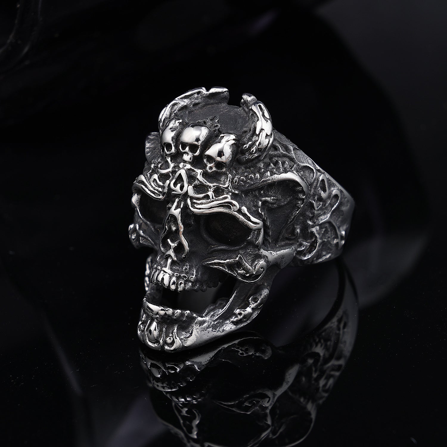 Gemstone Eyes Skull Stainless Steel Biker Ring - Vrafi Jewelry