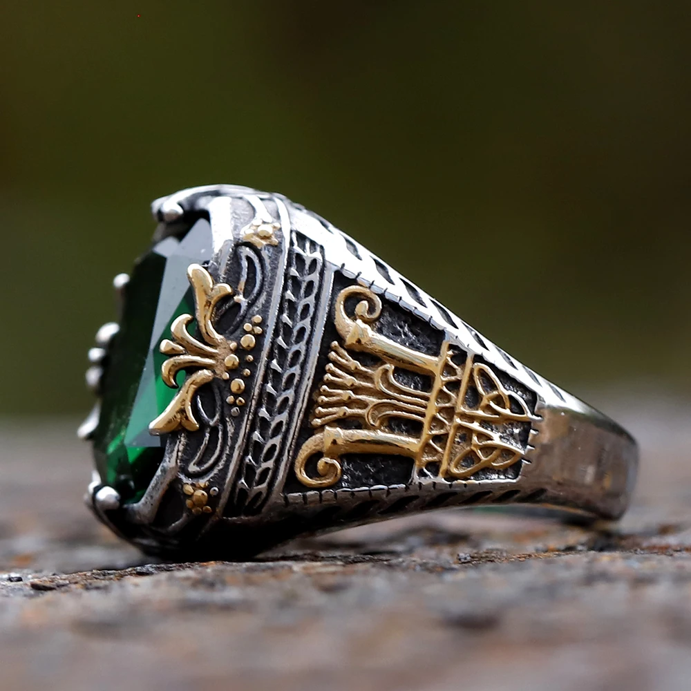 Geometric Crown Totem Green Zircon Ring for Men