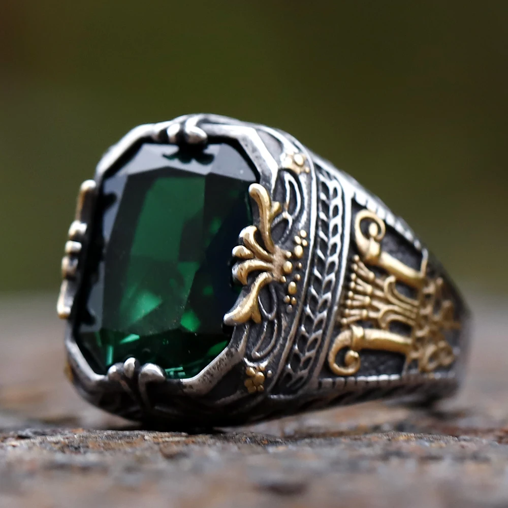 Geometric Crown Totem Green Zircon Ring for Men