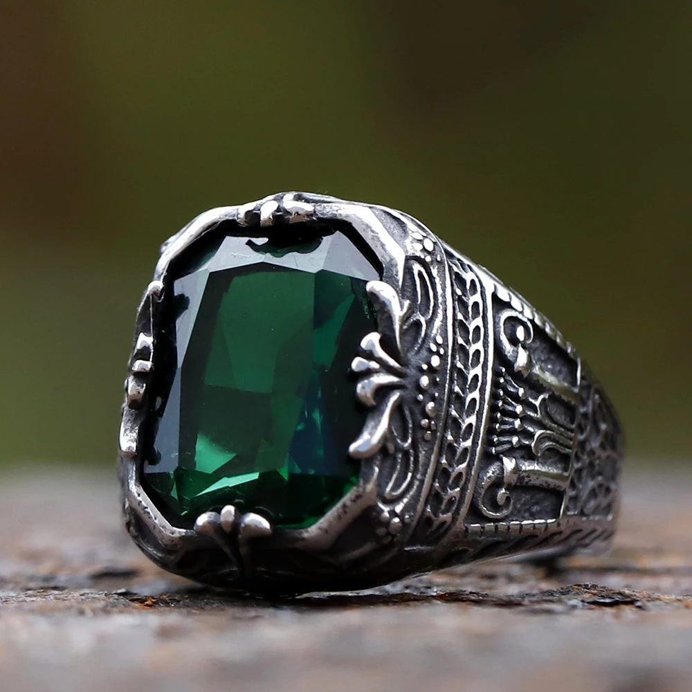 Geometric Crown Totem Green Zircon Ring for Men