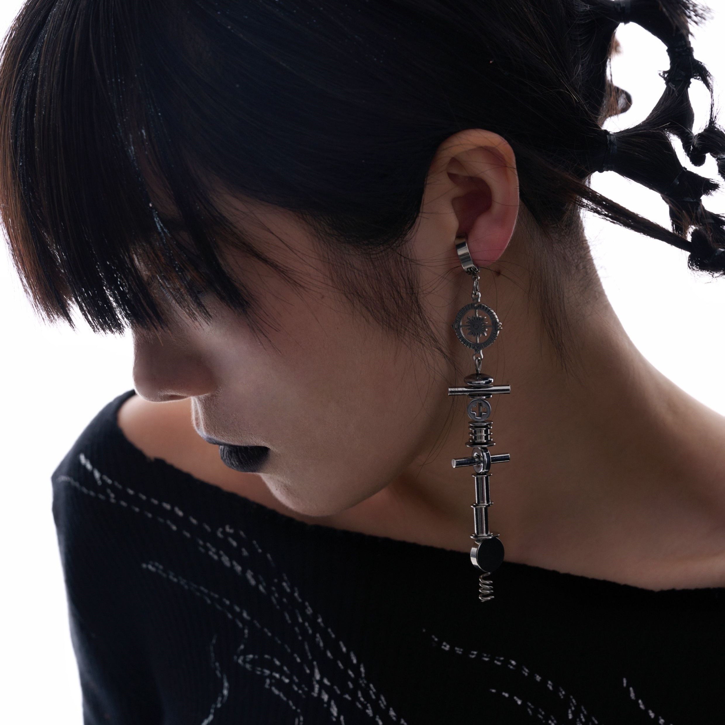 Geometric Titanium Steel Gear Pendant Earrings