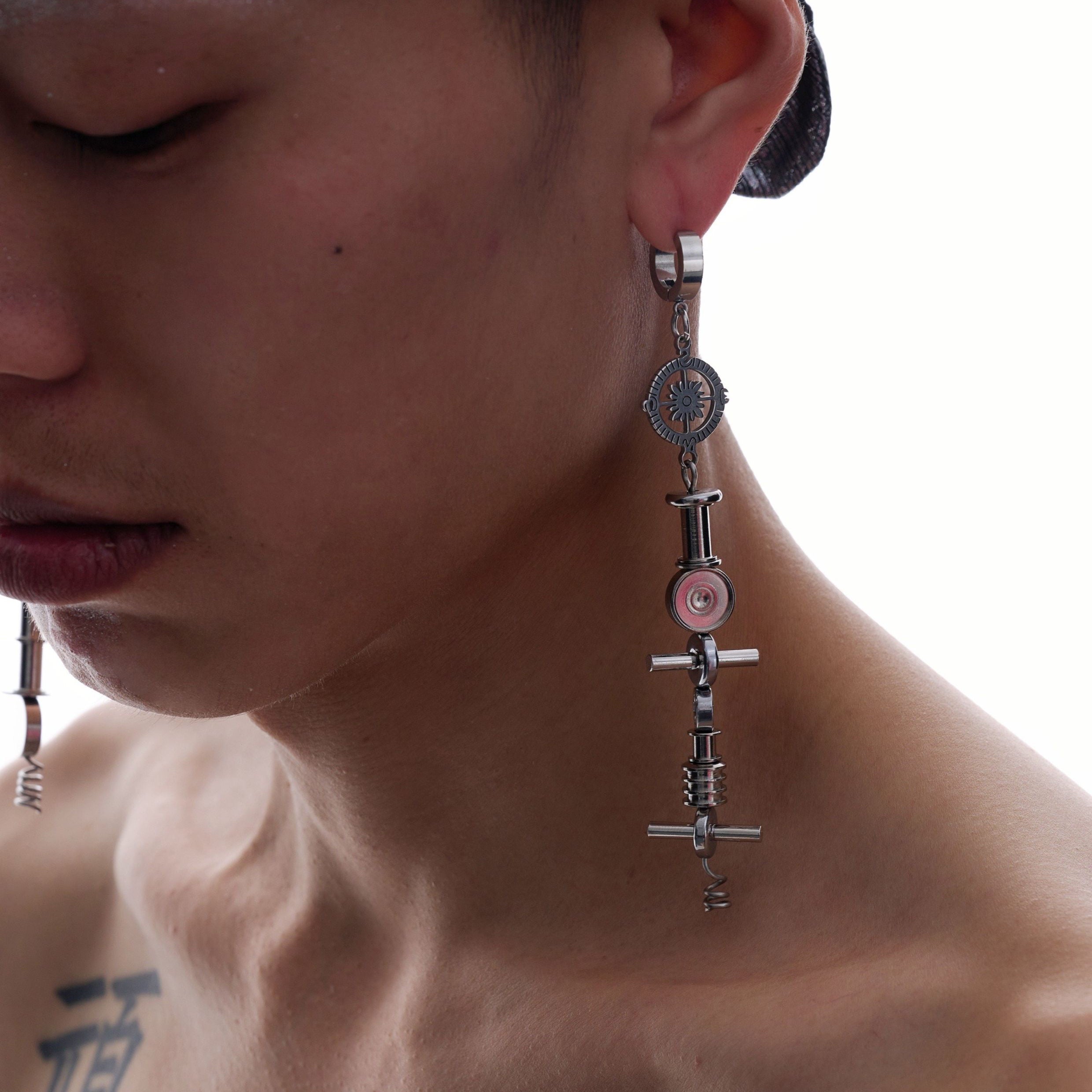 Geometric Titanium Steel Gear Pendant Earrings