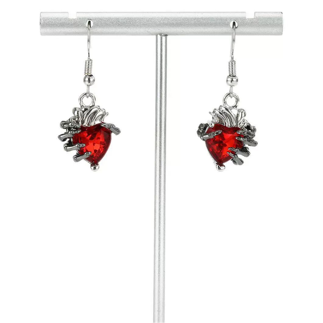 Gothic Skull Hand with Heart-Shaped Ruby Hook Earrings