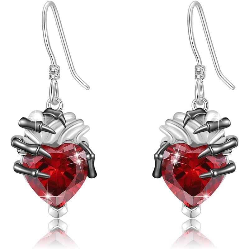 Gothic Skull Hand with Heart-Shaped Ruby Hook Earrings