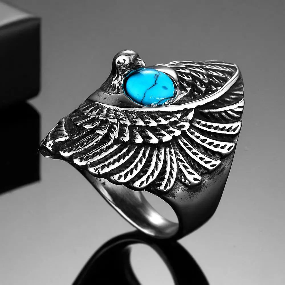 Great Eagle Stainless Steel Turquoise Ring VRAFI