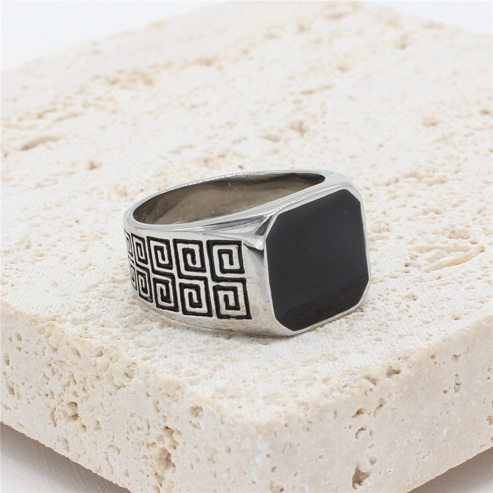 Great Wall Pattern Black Epoxy Men's Square Stainless Steel Ring