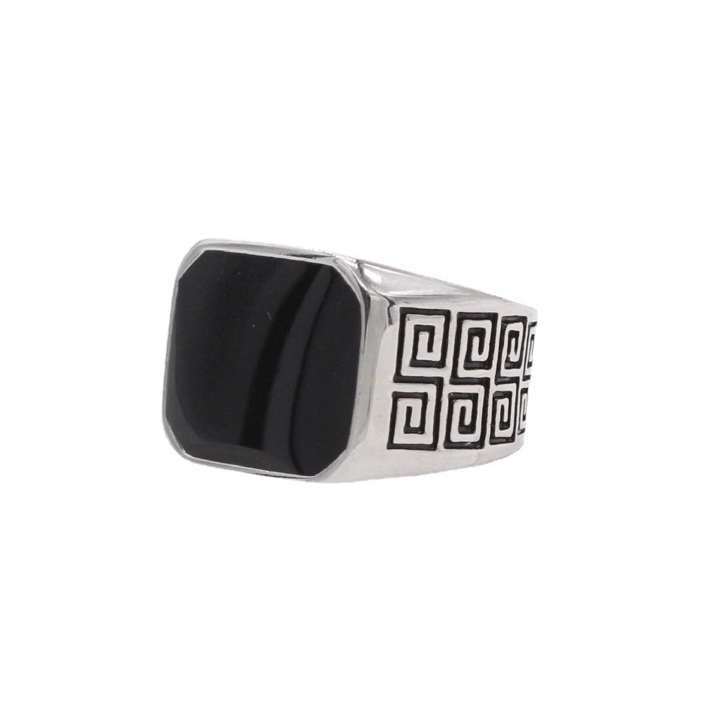 Great Wall Pattern Black Epoxy Men's Square Stainless Steel Ring