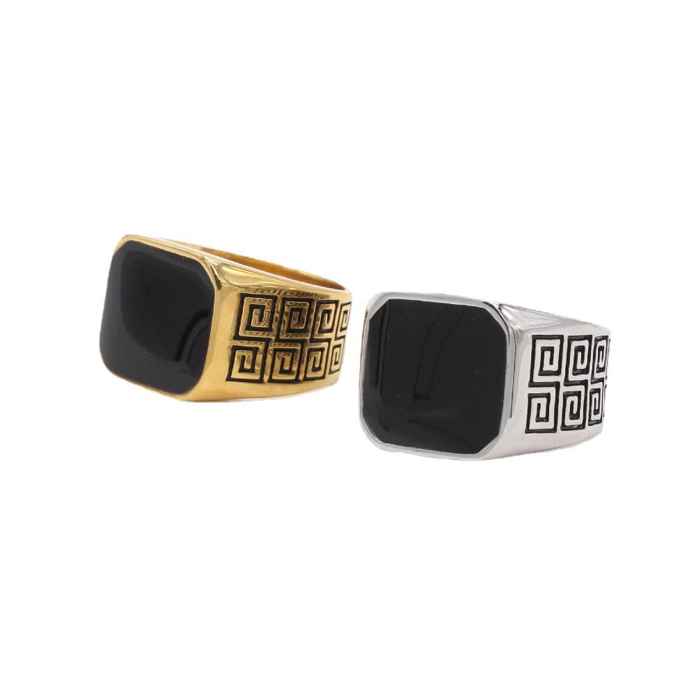 Great Wall Pattern Black Epoxy Men's Square Stainless Steel Ring