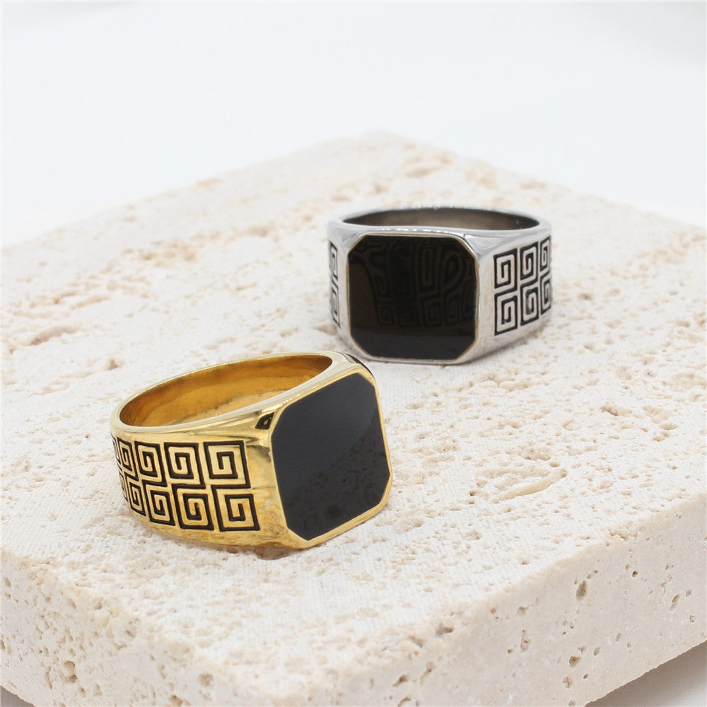 Great Wall Pattern Black Epoxy Men's Square Stainless Steel Ring