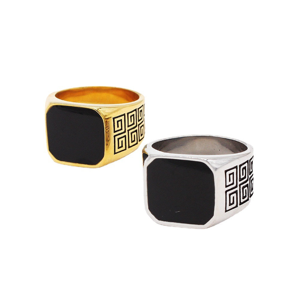 Great Wall Pattern Black Epoxy Men's Square Stainless Steel Ring